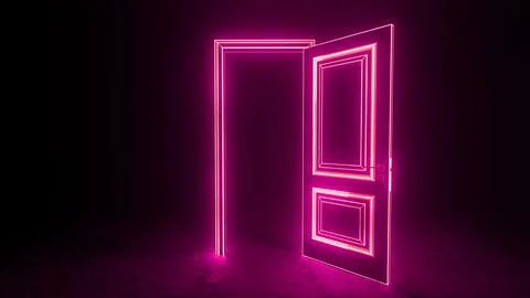 Glowing rectangular door frame opening into dark room Illustrazione stock