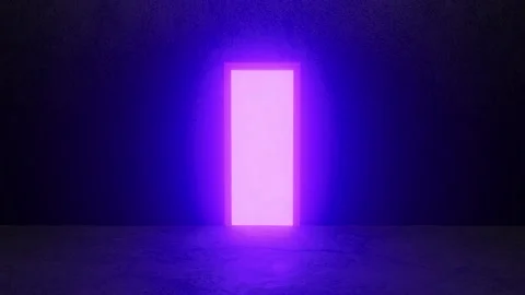 Glowing rectangular door opening in dark room Stockbeeldmateriaal 310790160