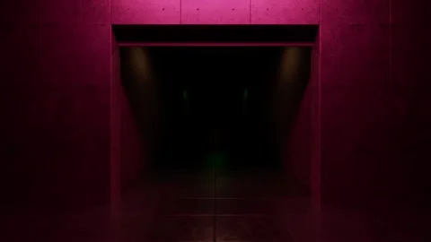 Glowing rectangular door opens to green and red hallway Stock Footage 310793740