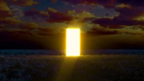 Glowing rectangular doorway illuminating grass field at sunset Stock Illustration