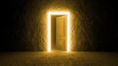 Glowing rectangular doorway opening in dark room 스톡 동영상 310793962