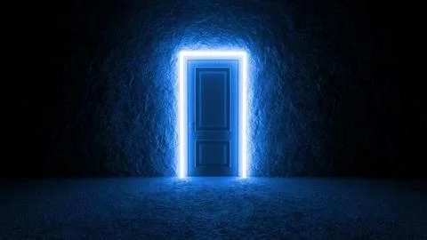 Glowing rectangular neon frame illuminating closed door in dark room イラスト素材