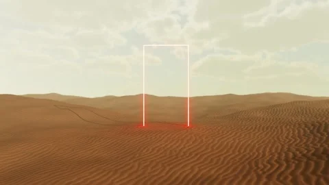 Glowing rectangular portal appearing in desert landscape Stockbeeldmateriaal 310793324