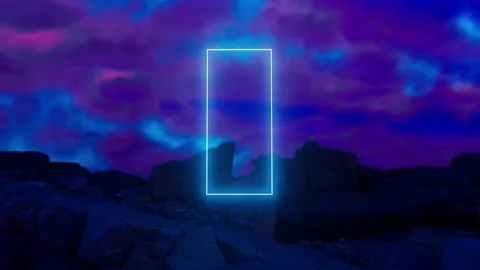 Glowing rectangular portal appearing on rocky planet under cloudy sky 스톡 동영상 310792717