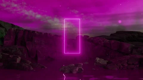 Glowing rectangular portal appearing on rocky coast at night Stock Footage 310792746