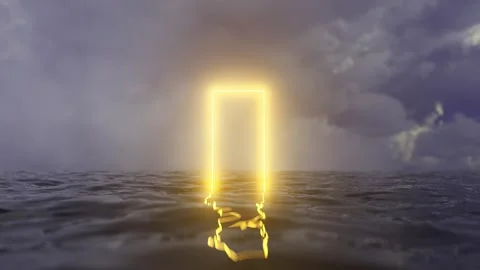 Glowing rectangular portal emerging from dark ocean under cloudy sky Stock Footage 310793163
