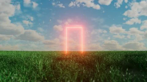 Glowing rectangular portal emerging on green meadow under cloudy sky Ilustración de archivo
