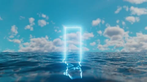 Glowing rectangular portal emerging from ocean under cloudy sky Stockbeeldmateriaal 310793157