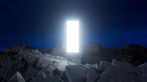 Glowing rectangular portal emerging from rocky terrain at night Stockbeeldmateriaal 310792689