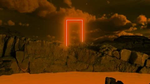 Glowing rectangular portal emerging on rocky coastline under cloudy sky Illustrazione stock