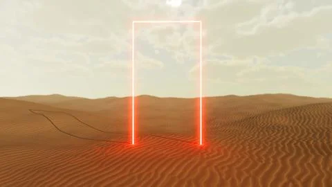Glowing rectangular portal emerging in a sandy desert landscape 库存插图