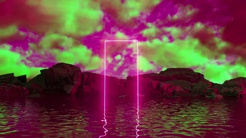 Glowing rectangular portal emerging from water with rocks and green and magenta Stockbeeldmateriaal 310792820