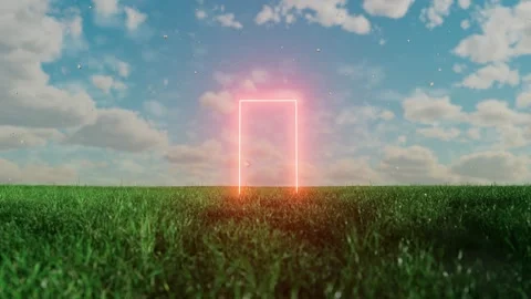 Glowing rectangular portal floating above green meadow under cloudy sky Stockbeeldmateriaal 310793249