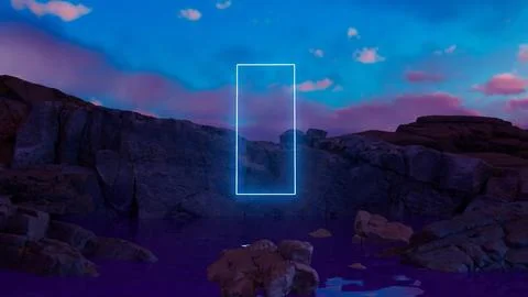 Glowing rectangular portal floating above water between cliffs at sunset Stock Illustration