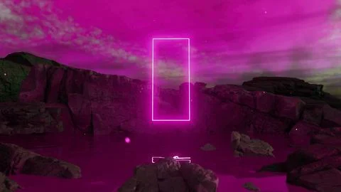 Glowing rectangular portal floating above water with rocky landscape and pink 库存插图