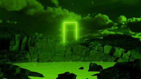 Glowing rectangular portal floating above rocky landscape and green water und 库存插图