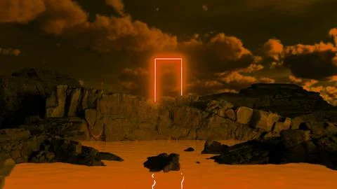 Glowing rectangular portal floating over rocky coast at sunset 库存插图