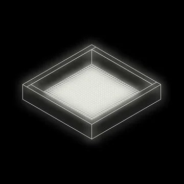 Glowing rectangular wireframe box containing grid on black background Stock Illustration