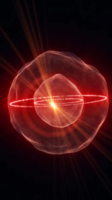 Glowing red abstract atomic orb with bright nucleus, orbiting particle trai.. Stock Footage 335696316