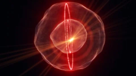 Glowing red abstract atomic orb with bright nucleus Stock Footage 336741091
