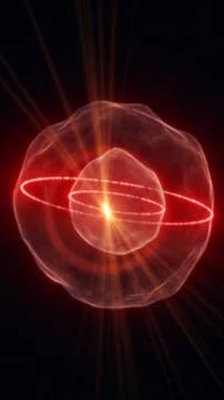 Glowing red abstract atomic orb with bright nucleus, orbiting particle trai.. Stock Illustration