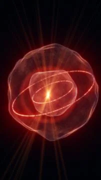 Glowing red abstract atomic orb with bright nucleus, orbiting particle trai.. 스톡 일러스트