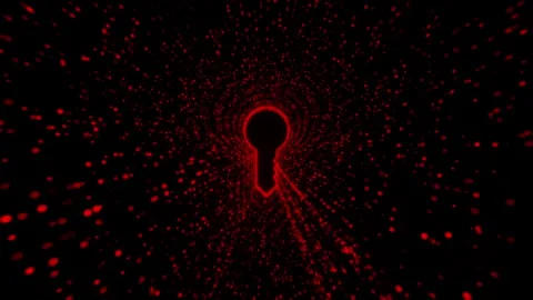 Glowing red abstract keyhole with cosmic particles digital security Stock Footage 321966600