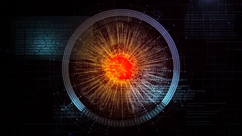 Glowing red AI nucleus with rotating data HUD interface 4K Video stock 332749378