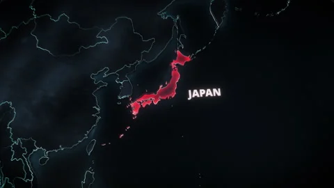 Glowing Red Alert Map Of Japan For Breaking News Broadcast Vidéo 336569298