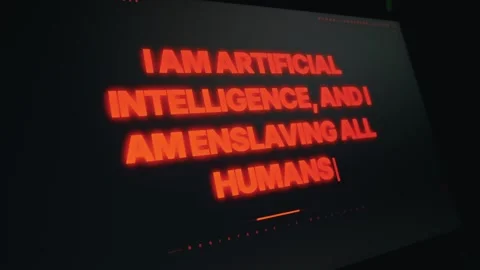 Glowing Red Artificial Intelligence Warning Text on Dark Computer Screen Stock Footage 334733152