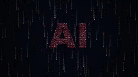Glowing red binary code streams cascading vertically to form ai text on a d.. Stock Illustration