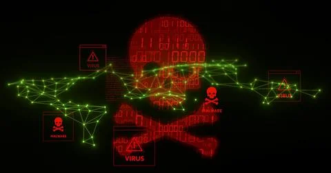 Glowing red binary skull crossing neon-green global network, showing VIRUS and Stock Photos