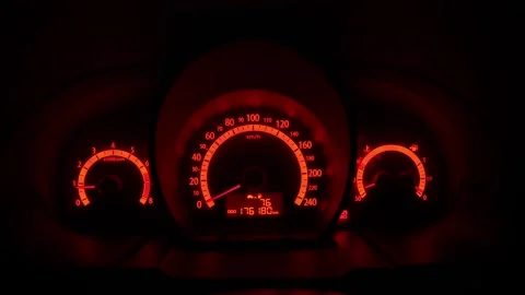 Glowing red car dashboard gauges in the dark night interior. Stock Footage 331216609