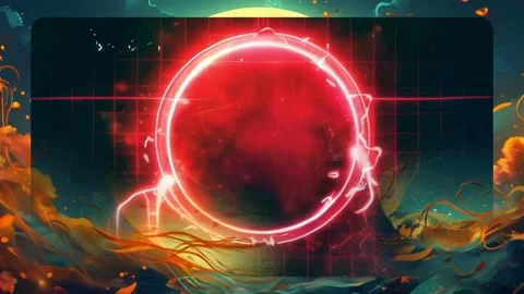 Glowing red celestial sphere surrounded by electric lightning and colorful Видео 344419556