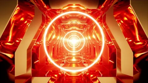 Glowing Red Circle Light in the Golden Tunnel VJ Loops Stock Footage 159876985
