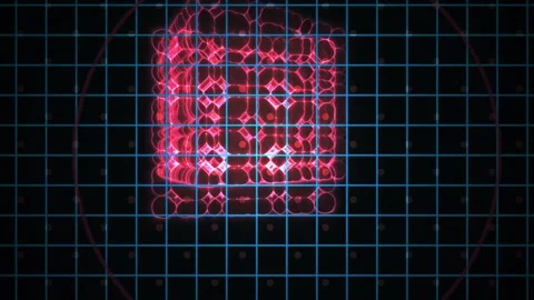 Glowing Red Cube Moving on a Blue Digital Grid Background Stock Footage 343706718