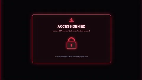 Glowing red cyber lockout access denied warning interface with glitch text .. Stock Footage 343507630