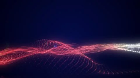 Glowing red digital particle wave on dark background, representing energy, .. Stockillustratie