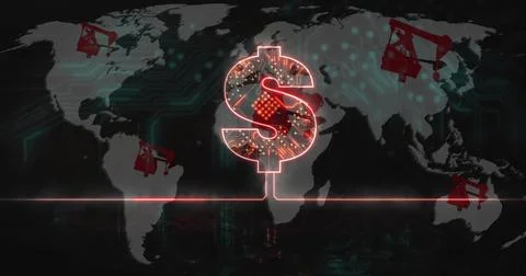 Glowing red dollar sign pulsing over gray map, with circuit traces, pump jacks, Ilustração Stock