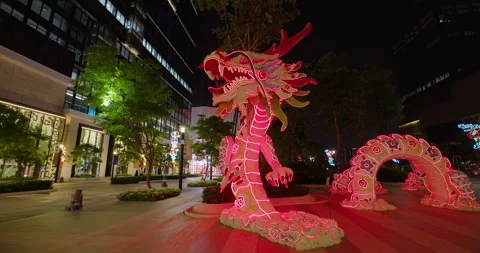 Glowing Red Dragon Lantern Display Brings Festive Chinese New Year Atmosphere To Video stock 347319350