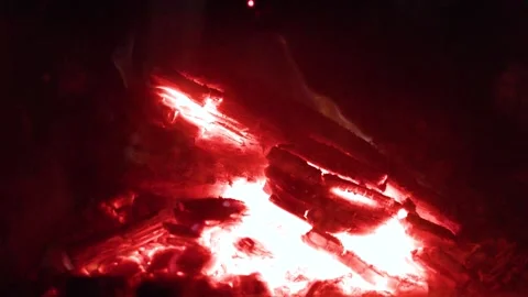Glowing Red Embers and Burning Logs in Dark Fireplace Stock Footage 345693458