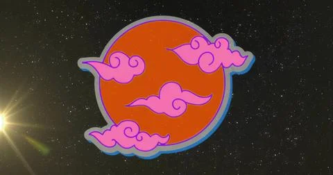 Glowing red emblem hovering in cosmic space, with pink clouds, light blue sha Stock Illustration