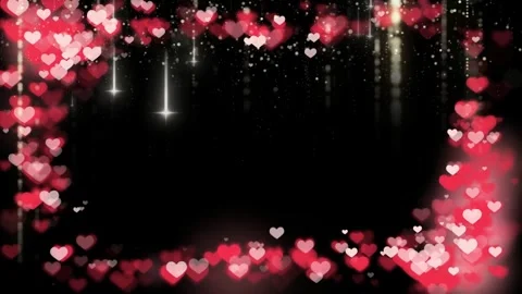 Glowing red heart bokeh frames with sparkling lights falling on black Видео 345102224