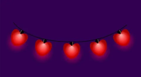 Glowing red heart string lights on dark purple background Stock Illustration