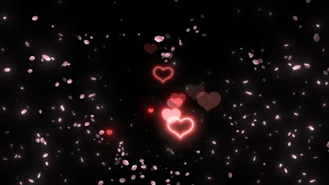 Glowing red hearts and falling pink flower petals on black background Stock Footage 341733704