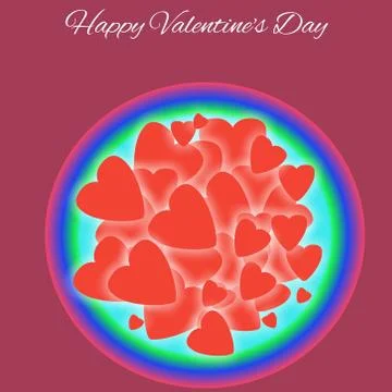 Glowing red hearts in bright multicolored circular bowl with Happy Valentine Stock Illustration