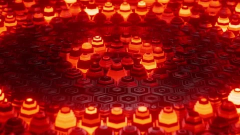 Glowing red hexagonal pillars undulating in a circular wave pattern across an Stock Footage 341315413