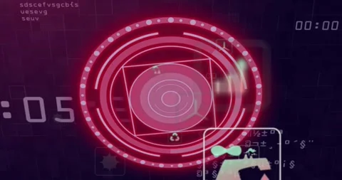 Glowing red HUD rotating, pulsing; left label counting, causing icons sliding, Stock Footage 321799653