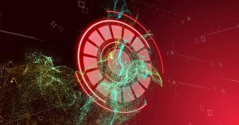 Glowing red HUD showing numeric readout on data backdrop, sending teal and Stock Illustration
