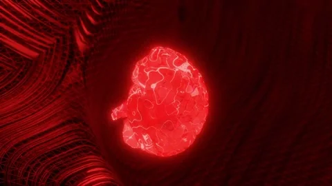 Glowing red human brain above abstract digital mesh background. Artificial Stock Footage 310928916